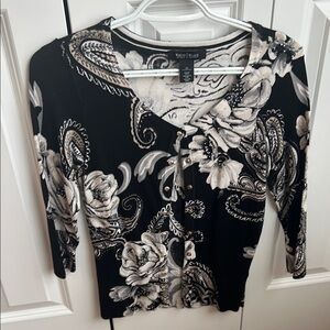 White House Black Market Black and Cream Floral Blouse
